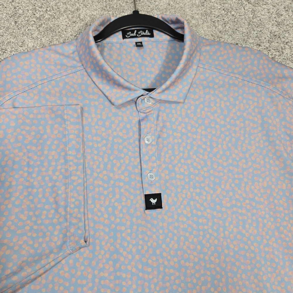 Bad Birdie Polo Shirt Mens 2XL Blue Polka Dot Print Golf Performance Stretch